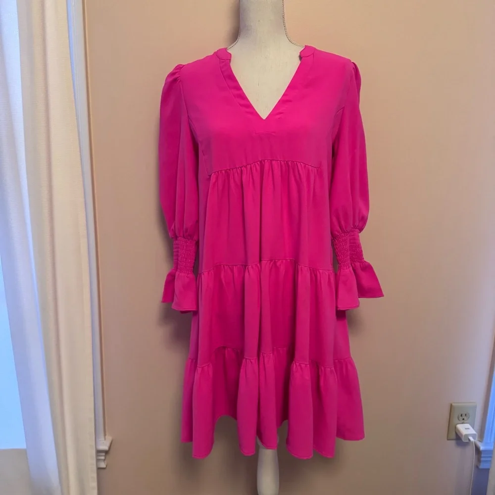 POMANDER PLACE Electric Pink Kenzo Crepe Tiered Mini Dress Size Small - Picture 2 of 7